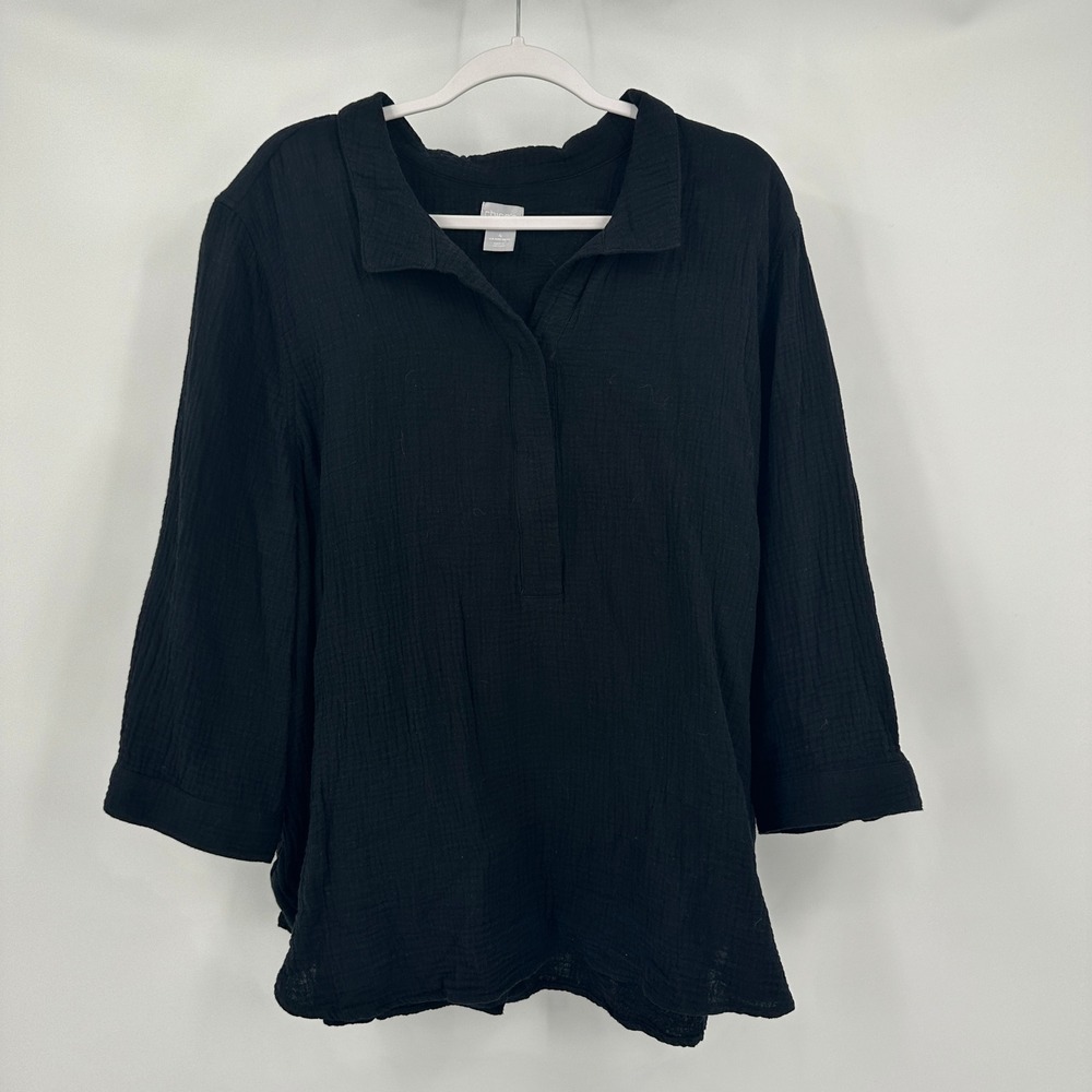 Chicos Womens‎ Minimalist Gauze Top Size 2X Black Lagenlook Textured Casual